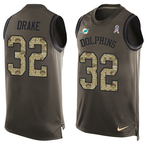 Men's Limited Kenyan Drake Nike Jersey Green - #32 Salute to Service Tank Top NFL Miami Dolphins